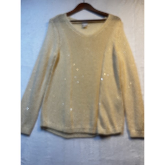 Chico's Sweater Women's Large 2 Yellow Sequin V Neck Long Sleeve Dressy Pullover - Picture 1 of 8